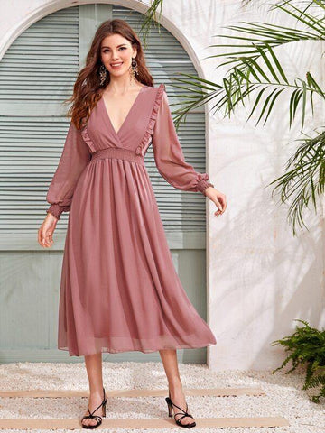 Solid Plunging Frill Trim A-Line Long Dress - takostyle
