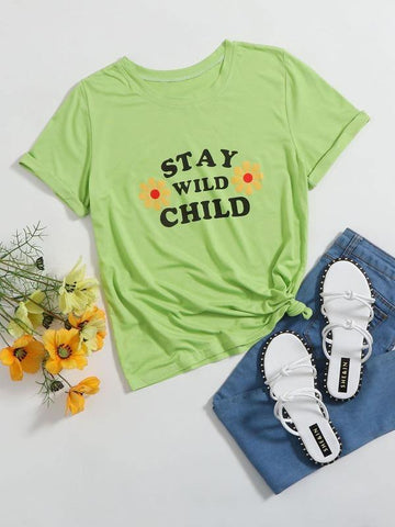 Floral & Slogan Graphic Tee - takostyle