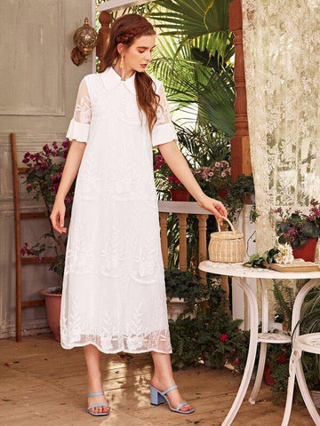 Doll Collar Lace Overlay Dress - takostyle