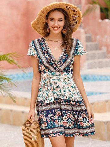 Floral And Tribal Print Surplice Front Belted Dress - takostyle