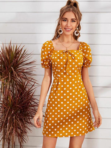 Square Neck Knot Front Polka Dot Dress - takostyle