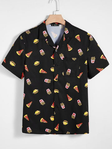 Men Food Print Revere Collar Pocket Patched Shirt