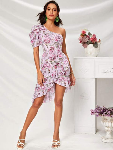 One Shoulder Puff Sleeve Ruffle Trim Asymmetrical Hem Floral Dress - takostyle
