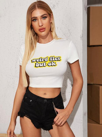 Slogan Graphic Slim Crop Tee - takostyle