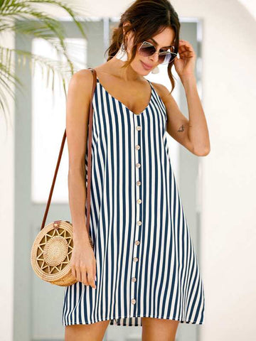 Vertical Striped Button Detail Cami Dress