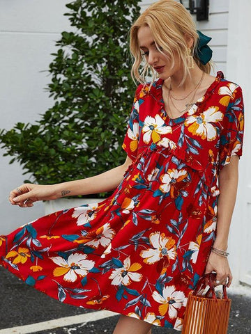 Floral Print Frill Trim Smock Dress - takostyle