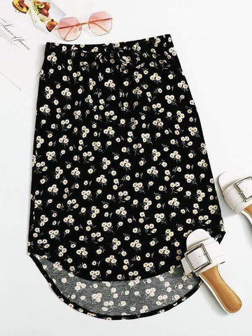 Ditsy Floral Print Dip Hem Skirt - takostyle