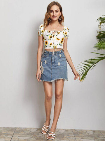 Tie Neck Shirred Back Puff Sleeve Crop Top - takostyle