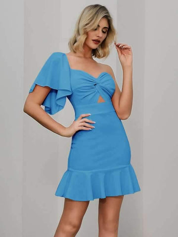 Double Crazy One Shoulder Ruffle Hem Twist Peekaboo Dress - takostyle