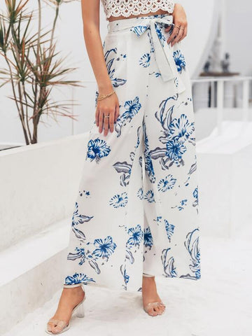 Simplee Belted Wide Leg Floral Pants - takostyle