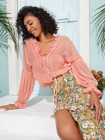 Frill V-neck Flounce Sleeve Tiered Chiffon Top - takostyle