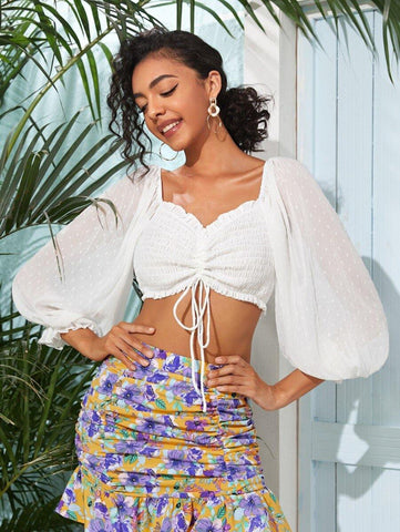 Frill Trim Shirred Drawstring Swiss Dot Top - takostyle