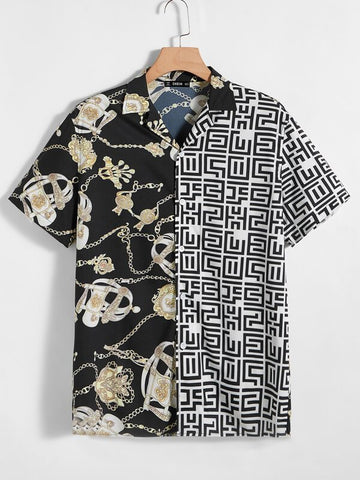 Men Chain & Greek Fret Print Shirt