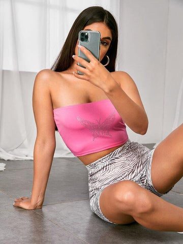 Butterfly Pattern Crop Tube Top - takostyle