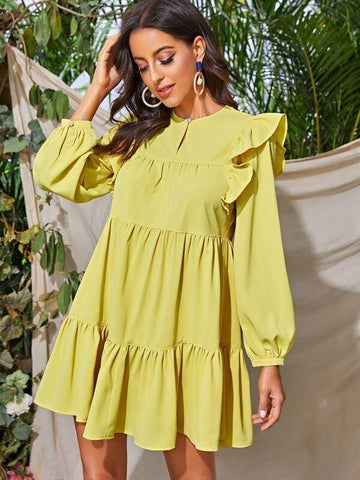 Ruffle Trim Solid Babydoll Dress - takostyle