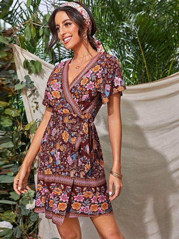 Tribal Floral Flutter Sleeve Tie Side Wrap Dress - takostyle