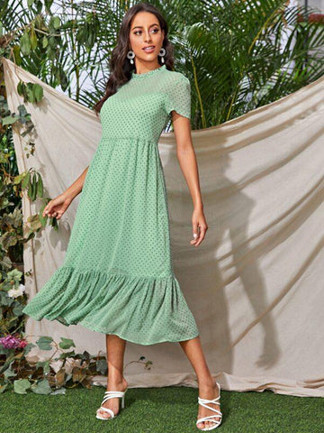 Polka Dot Frill Neck Dress - takostyle