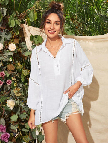 Eyelet Lace Insert Tassel Knot Cuff Oversized Longline Top - takostyle