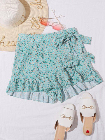 Ditsy Floral Print Tie Side Ruffle Trim Wrap Skort - takostyle