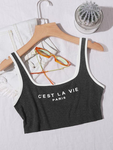 Contrast Binding Letter Graphic Crop Tank Top - takostyle