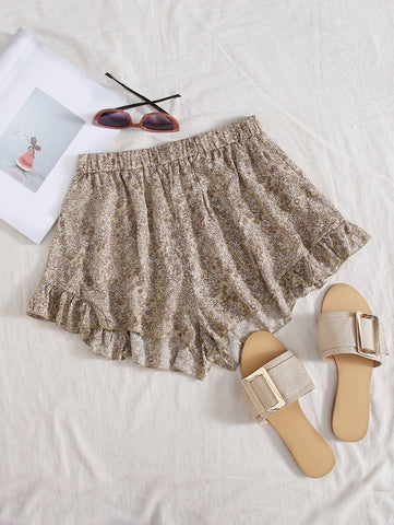 Ditsy Floral Print Ruffle Hem Shorts - takostyle