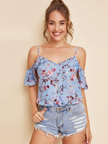 Cold Shoulder Botanical Print Top - takostyle