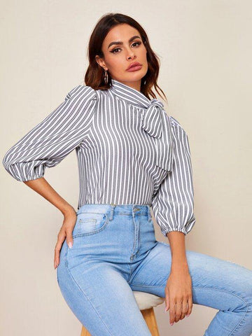 Tie Neck Lantern Sleeve Striped Top - takostyle