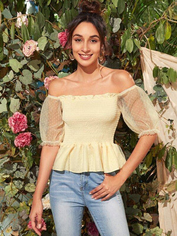 Dobby Mesh Puff Sleeve Shirred Peplum Top - takostyle