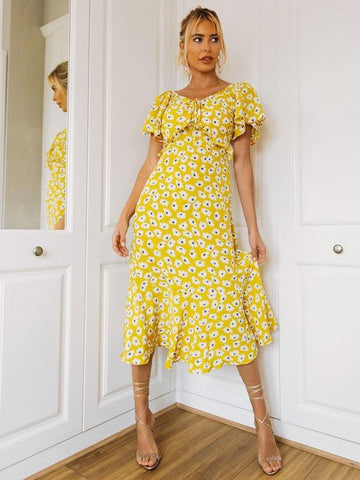 Flutter Sleeve Ruffle Trim Floral Print Dress - takostyle