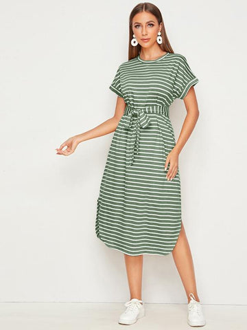 Curved Hem Belted Striped Tee Dress