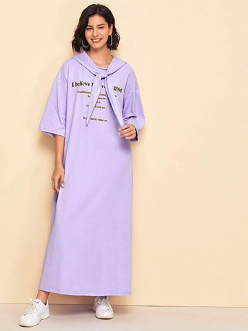 Tie Front Slogan Graphic Hooded Dress - takostyle