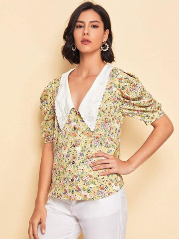 Embroidered Collar Puff Sleeve Floral Print Blouse - takostyle