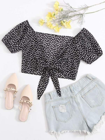 Daisy Floral Bardot Tie Front Top - takostyle