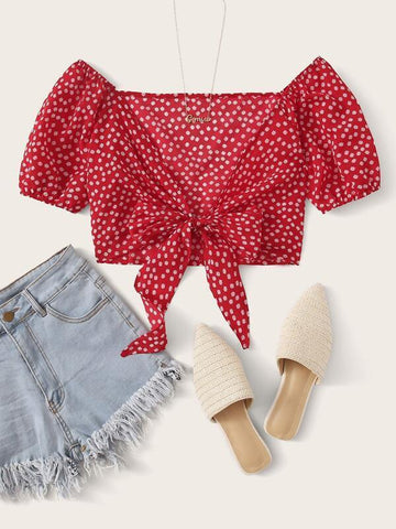 Daisy Floral Bardot Tie Front Top - takostyle