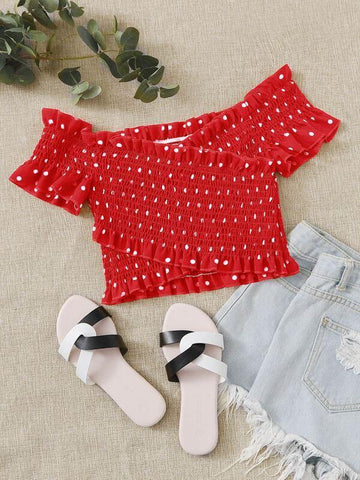 Polka Dot Shirred Detail Frill Trim Crop Top - takostyle