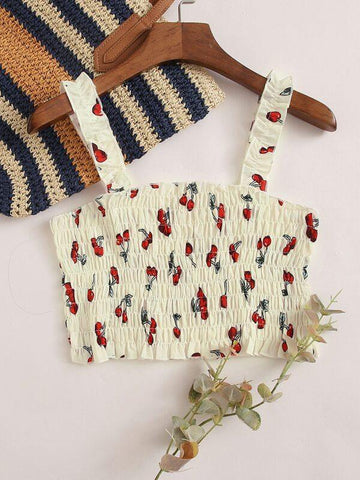 Cherry Print Shirred Crop Top - takostyle