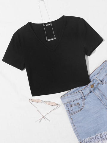 V-Neck Solid Crop Top - takostyle