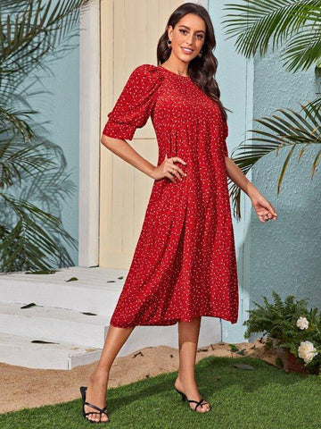 Ditsy Floral High Waist Smock Dress - takostyle