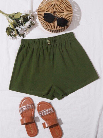 Button Detail Solid Shorts - takostyle