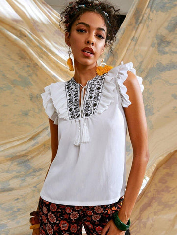Floral Embroidered Tie Tassel Ruffle Blouse - takostyle