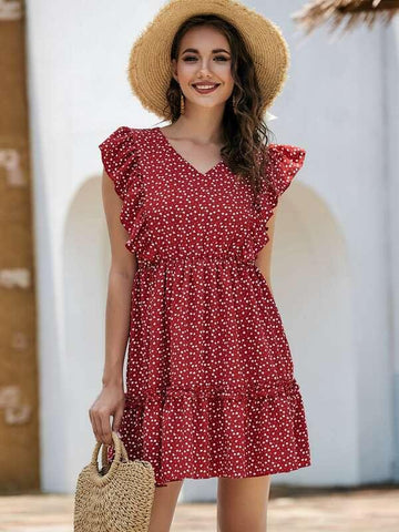 Allover Heart Print Ruffle Trim Smock Dress - takostyle