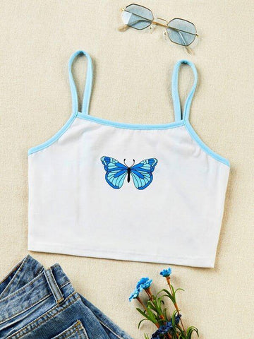 Contrast Binding Butterfly Print Cami Top - takostyle