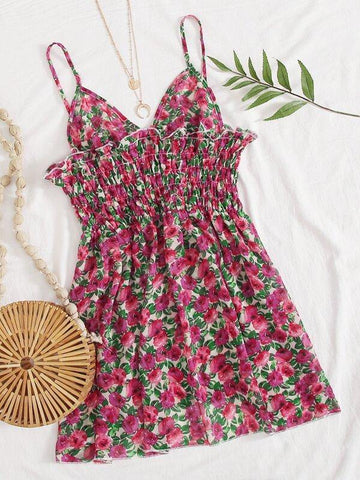 Shirred Waist Floral Cami Dress - takostyle