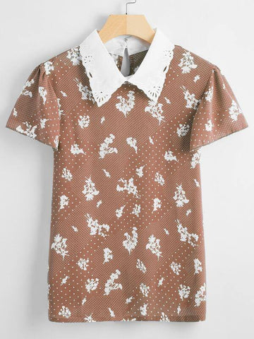 Floral &amp; Polka Dot Print Contrast Collar Blouse - takostyle