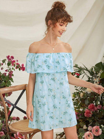 Off Shoulder Ruffle Trim Floral Dress - takostyle
