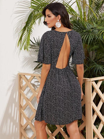Cut-out Back Flounce Sleeve Dalmatian Dress - takostyle