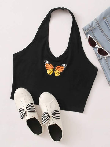 Butterfly Print Halter Top - takostyle