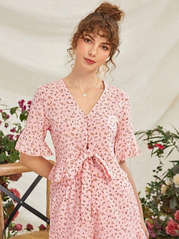 Button &amp; Tie Front Ruffle Hem Ditsy Floral Blouse - takostyle