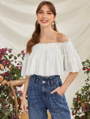 Off Shoulder Layered Ruffle Trim Top - takostyle