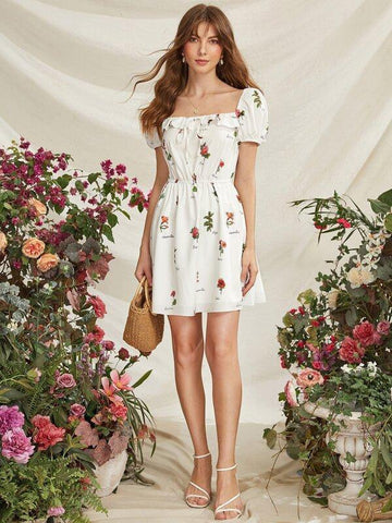 Ruffle Trim Square Neck Floral Dress - takostyle